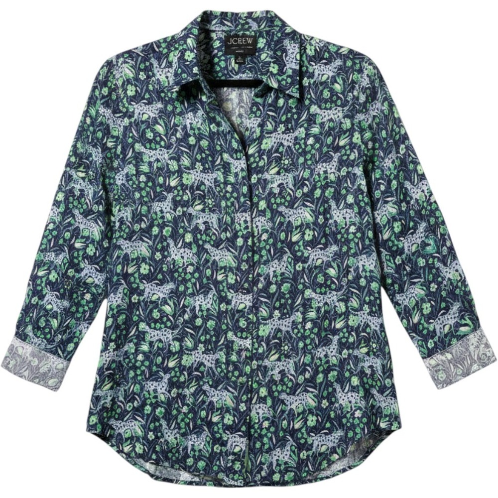 J.Crew Button Down Shirt 0 Blue Leopard Floral Cupro Satin Silk Blend Whimsigoth
